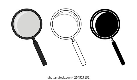Magnifying glass tool set. Zoom icon. Color, contour, silhouette. Vector clip art illustrations isolated on white 