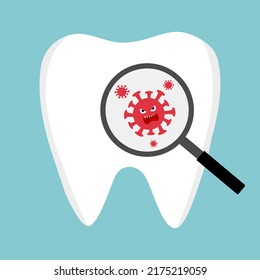 Magnifying glass tooth bacteria concept vector illustration. Dental health problem.