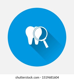 Magnifying glass and tooth vector icon  on blue background. Flat image with long shadow.