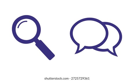 Vergrößerungsglas und zwei Chat-Blasen, Symbole für Suche und Kommunikation, einzeln auf weißem Hintergrund, Vektorgrafik, Illustration