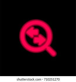 Magnifying glass with two way arrows red glowing neon ui ux icon. Glowing sign logo vector