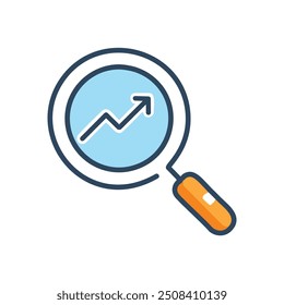Magnifying glass with upward trend. Illustration of a magnifying glass with an upward trend line inside, symbolizing growth and progress.
