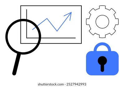 Magnifying glass, upward-trending line chart, gear, and lock symbol. Ideal for data analysis, security, system optimization, efficiency, and cybersecurity. Minimalist vector design with a focus on