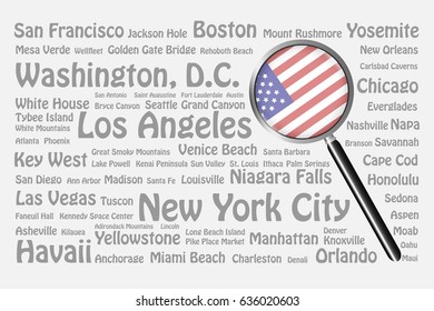 The magnifying glass with the US flag is on the right side of the vector. The background consists of the gray names of the best travel destinations, cities, natural monuments and landmarks of the USA