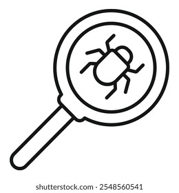 Magnifying glass is used to investigate a software bug, symbolizing debugging and problem solving in technology