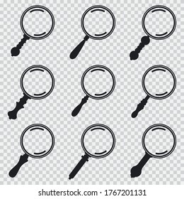 Magnifying glass vector black silhouettes icons set isolated on a transparent background.