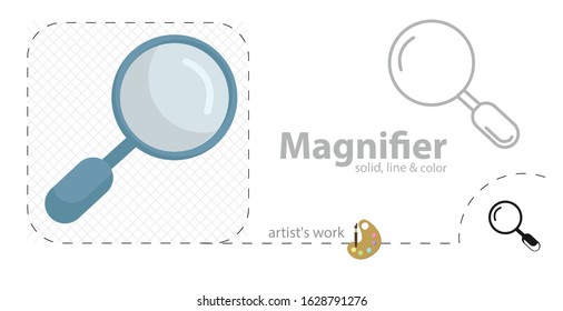 Magnifying glass vector flat illustration, solid, line icon