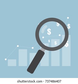 Magnifying glass Vector growth concept in flat style - stack of golden coins and graph, business Investment analyst concept.