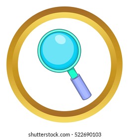 Magnifying glass vector icon in golden circle, cartoon style isolated on white background