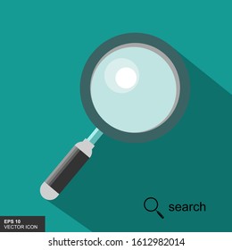 Magnifying glass vector icon on a green background with a long shadow. Vector illustration