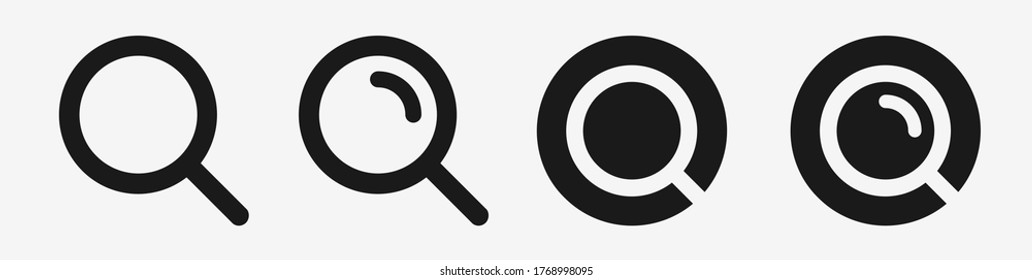 Magnifying glass vector icon set. Black search loupe icons on white background. Isolated flat and classic illustration
