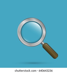 Magnifying glass vector illustration isolated on blue background.