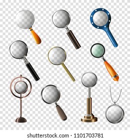 Magnifying glass vector magnification zoom or search and magnify research lens illustration set of magnified scientific exploration sign isolated on transparent background