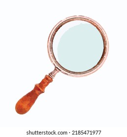 Magnifying glass vector picture. Retro loupe on white background. Spy glass picture. Lens illustration. Watercolor style. Clipart for card, logo and greeting card.