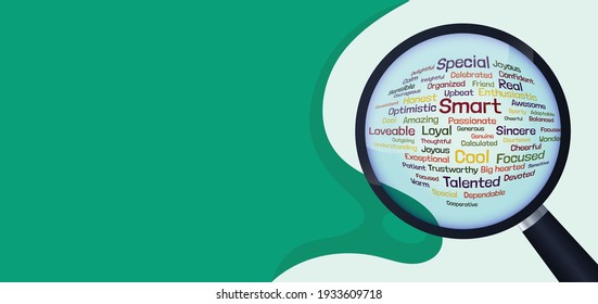 Magnifying glass vector with word cloud and background for graphic posts related to education, quotes, or any other info related projects. Can be used for marketing posts and strategy charts etc.