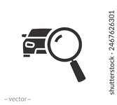 magnifying glass with vehicle icon, technical inspection car, auto search, flat symbol on white background - vector illustration