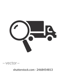 magnifying glass with vehicle icon, truck technical inspection, auto search or check, flat symbol on white background - editable stroke vector illustration