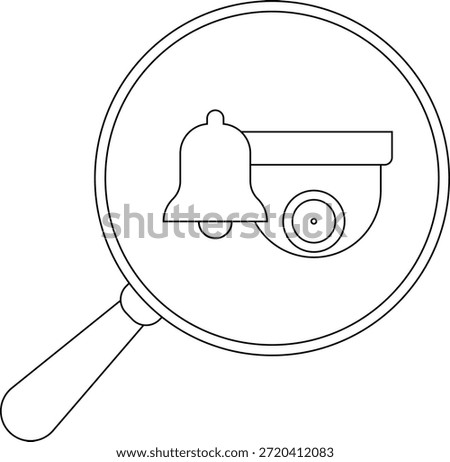 A magnifying glass view of a bell and a security camera outlined in black and white