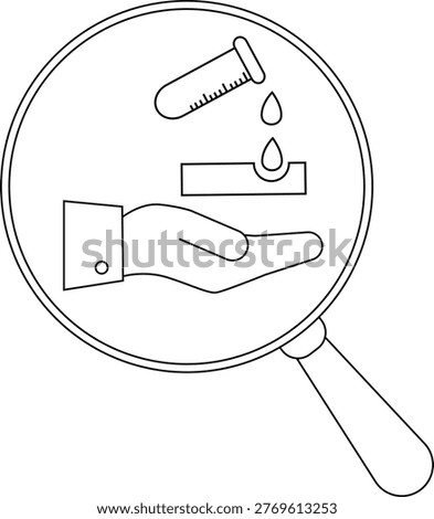 Magnifying glass view of lab experiment vial liquid drops slide and hand