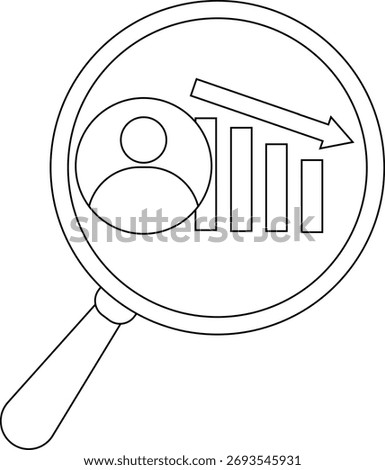 Magnifying glass view user icon bar graph with downward arrow
