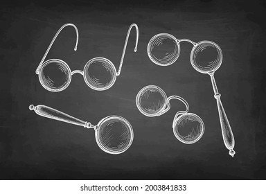magnifying glass. Vintage spectacles. Chalk sketch on blackboard background. Hand drawn vector illustration. Retro style.