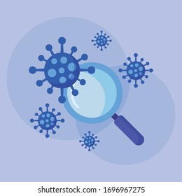 magnifying glass with virion of coronavirus vector illustration design