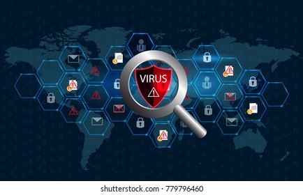 Magnifying glass virus Computer Check the virus on the digital world to protect data and spread the virus Vectors eps 10