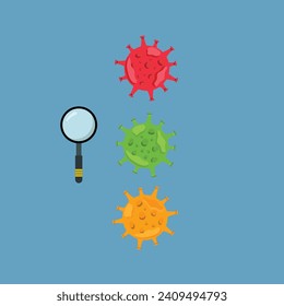 Magnifying glass virus,  illustration, prevention, warning, risk, concept, virology, bacteria, symbol, vaccine.
