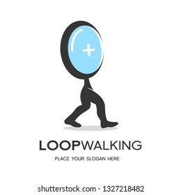 Magnifying glass walking vector logo. Logo suitable for searching somethinf.