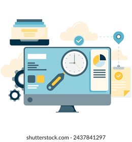 magnifying glass and wall clock on computer monitor, business presentation schedule