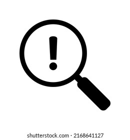 Magnifying glass warning error icon. Vector illustration isolated on white background.