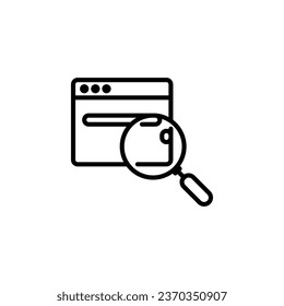 Vidrio de ampliación con un icono de contorno del navegador web. Ilustración vectorial. El icono aislado se adapta a la web, infografías, interfaces y aplicaciones.