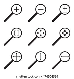 Magnifying glass web icon set. Magnifying glass icon, enlarge and reduce, zoom with width and height, vector illustration
