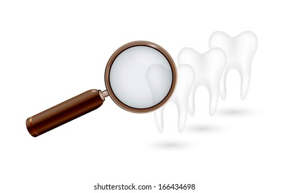 magnifying glass and white teeth on white background