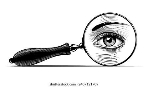 Vidrio de aumento con el ojo de la mujer aislado en blanco. Dibujo estilizado de grabado de época. Ilustración del vector