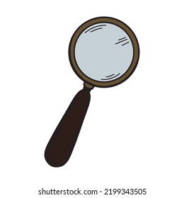 Magnifying glass with wooden handle, hand-drawn vector illustration in cartoon style.