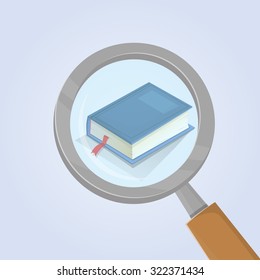 Magnifying glass with wooden handle looking for the right book to study. Image in vector format