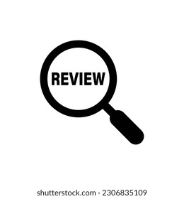 Magnifying glass with word Review on white background. Assess icon, review word, appraisal