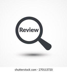 Magnifying glass with word Review on white background. Assess icon, review word, appraisal