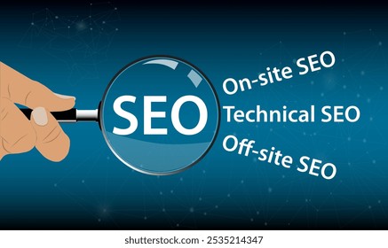 Magnifying glass with word SEO. Finance business concept. Technical SEO web marketing. Digital content search optimization.