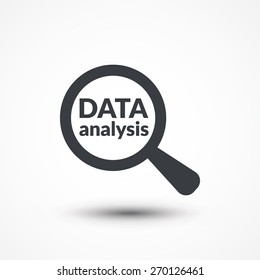 Magnifying glass with words data analysis on white background