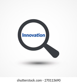 Magnifying glass with words innovation on white background