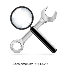 Magnifying glass and wrench.  Illustration on white background