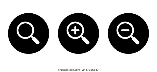 Magnifying glass and zoom icon on black circle