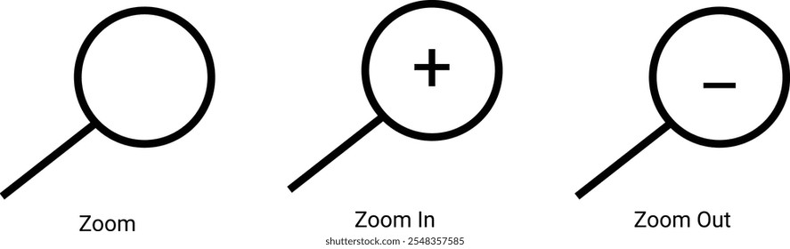 Zoom, acercar, acercar, alejar la herramienta Icono con fondo blanco. Conjunto de Vectores de iconos de lupa para uso de Web y software.