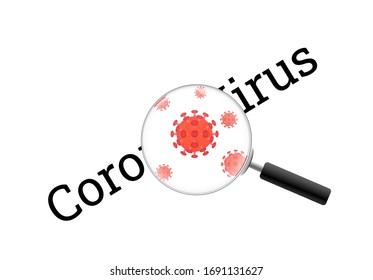 Magnifying glass zoom to the inscription coronavirus, covid-19 Virus, red virus, Concept work of search or research of corona virus, word close up.
