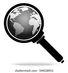 Magnifying glass and zoom planet Earth isolated on white background. Search Icon. Vector illustration.