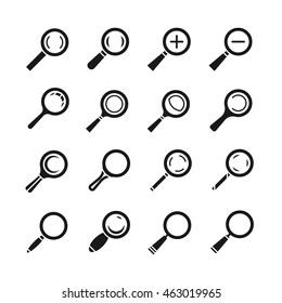 Magnifying glass, zoom, search find loupe vector icons set