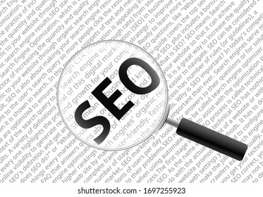Magnifying glass zoom to SEO, For SEO search engine optimization, word cloud with seo meaning to get traffic by find best keyword research to SERP search engine results pages.
