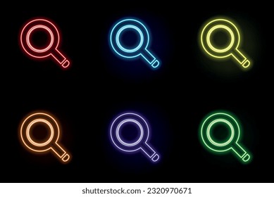 Magnifying glass, zoom simple vector icon. Flat design. Purple neon on black background.ai. many colors.